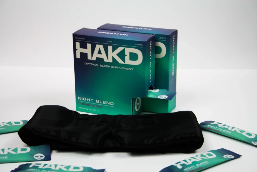 HAKD Night Blend sleep supplement and Deep Sleep Mask side by side - the complete sleep system for recovery and performance.